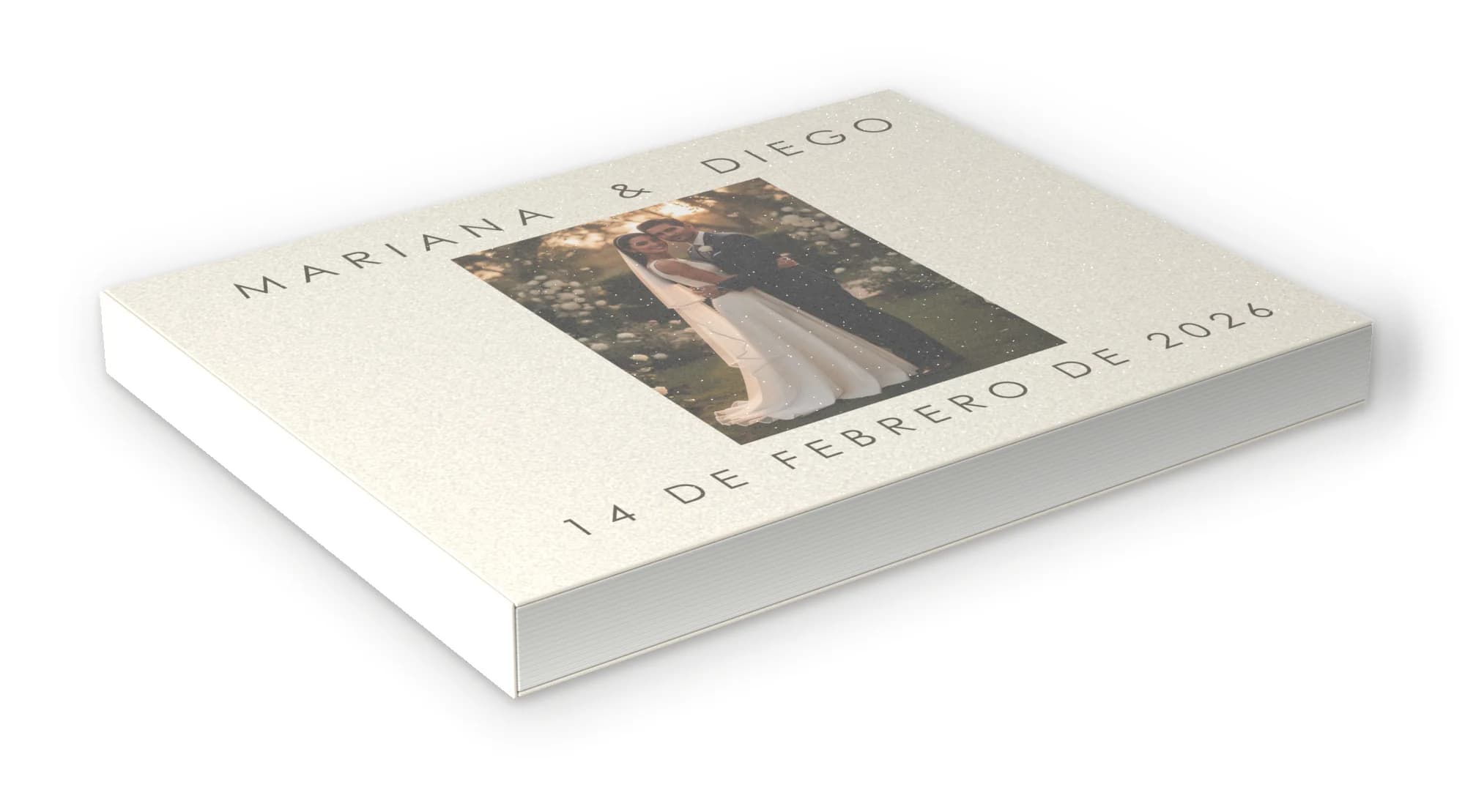Álbum de boda cerrado, con su portada, sobre fondo claro